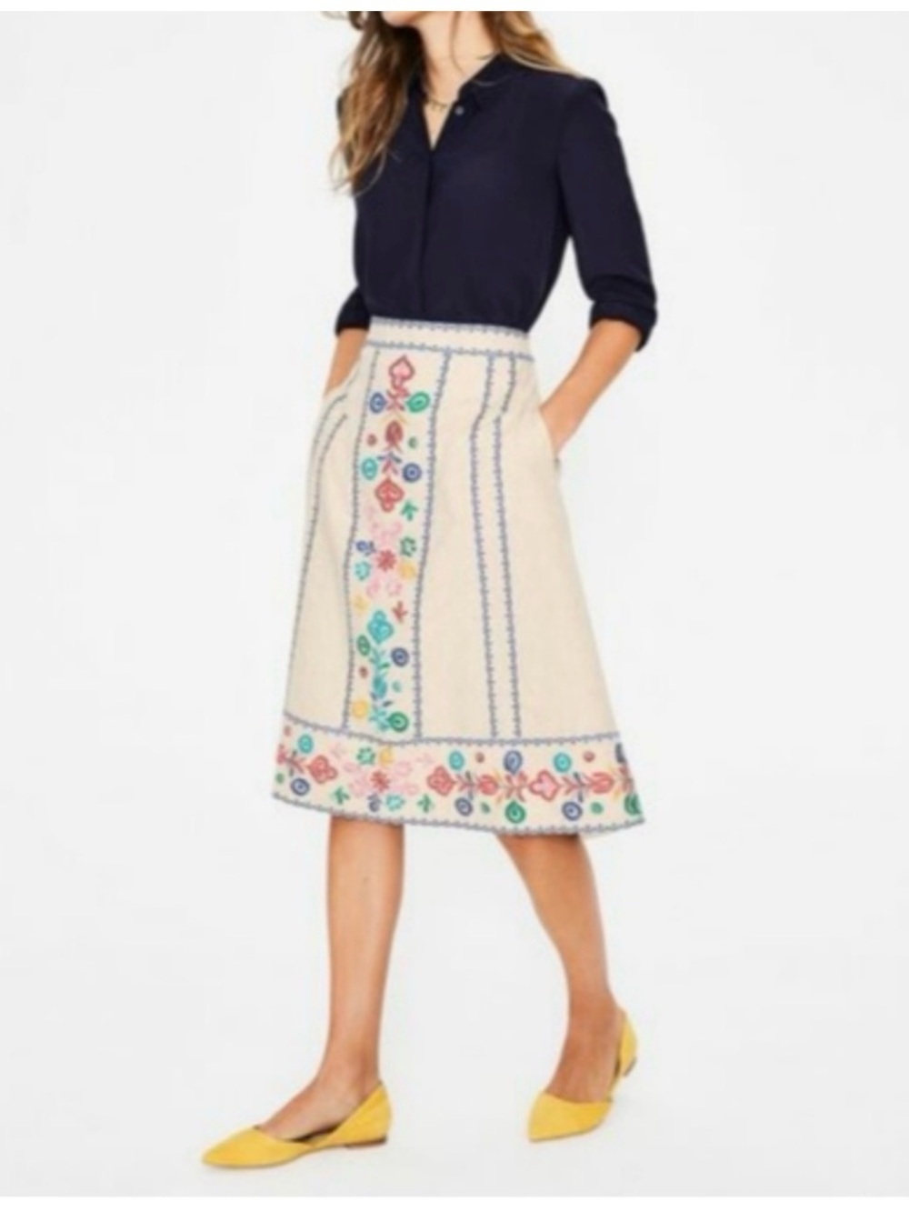 Boden Cream A-Line Skirt with Multicolor Floral Embroidery - Picture 4 of 15